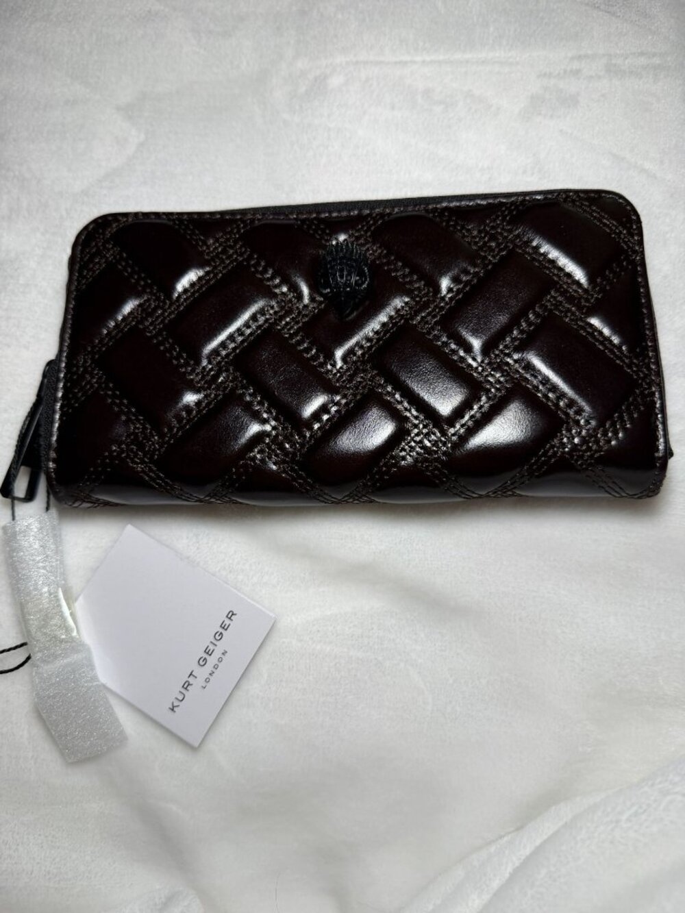 Kurt Geiger London Quilted Brown Wallet With Eagle Head Detail Zip Closure NWT